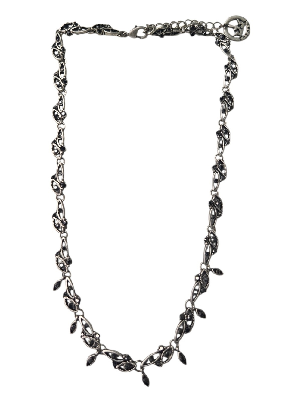 Trifari Silver Tone Black Rhinestone Floral Vine Statement Necklace